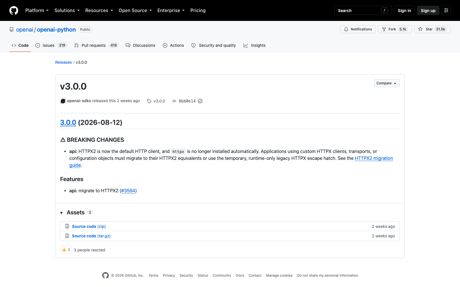 The openai-python v3.0.0 release page on 29 August 2026, showing the single BREAKING CHANGES bullet: HTTPX2 becomes the default HTTP client and httpx is no longer installed automatically.