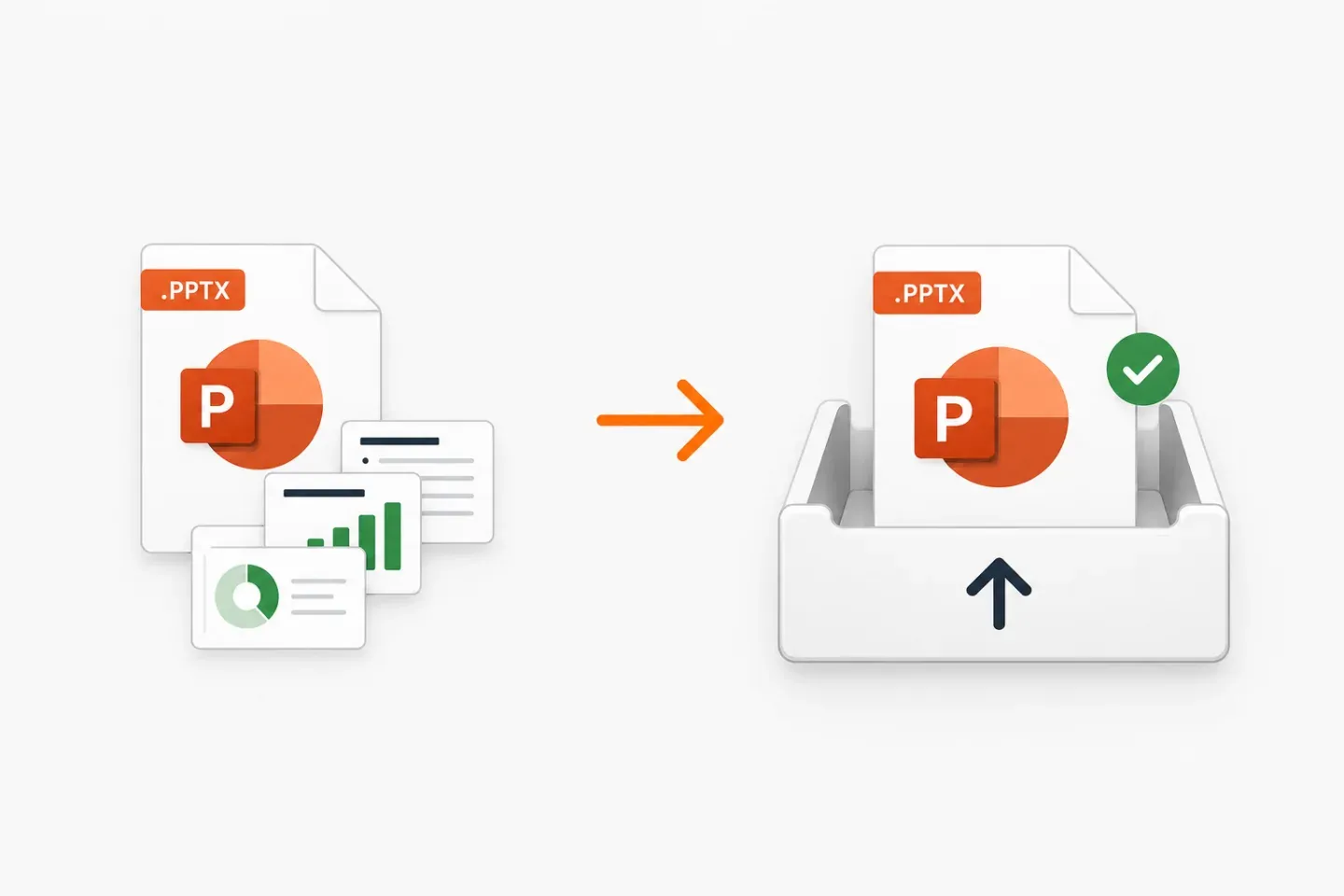 A PowerPoint deck dropping into a clearly marked upload tray