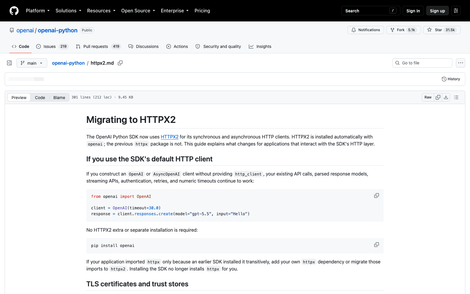 The openai-python httpx2.md migration guide on GitHub, 301 lines, opening with the note that HTTPX2 is installed automatically with openai while the previous httpx package is not.