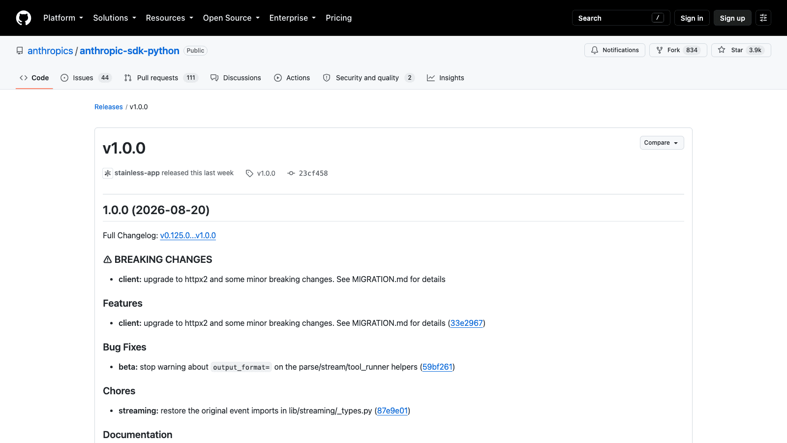 The anthropic-sdk-python v1.0.0 release page dated 20 August 2026, with a BREAKING CHANGES entry reading: client, upgrade to httpx2 and some minor breaking changes, see MIGRATION.md for details.