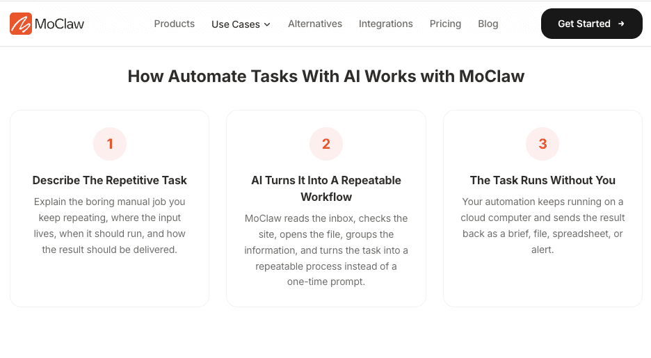 MoClaw as a managed cloud assistant path for recurring browser workflows