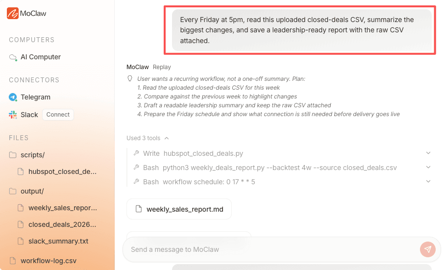 A MoClaw agent turning a spoken-style request into a scheduled workflow with a plan, tools used, and a saved report file