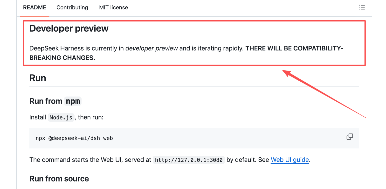 The DeepSeek Harness README developer preview section warning in bold capitals that there will be compatibility-breaking changes, above the npm quick-start command
