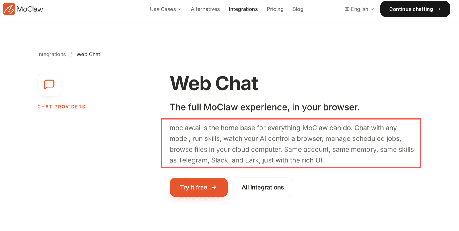 MoClaw's Web Chat integration page describing chatting with any model, running skills, watching the AI control a browser, managing scheduled jobs, and browsing files in the cloud computer