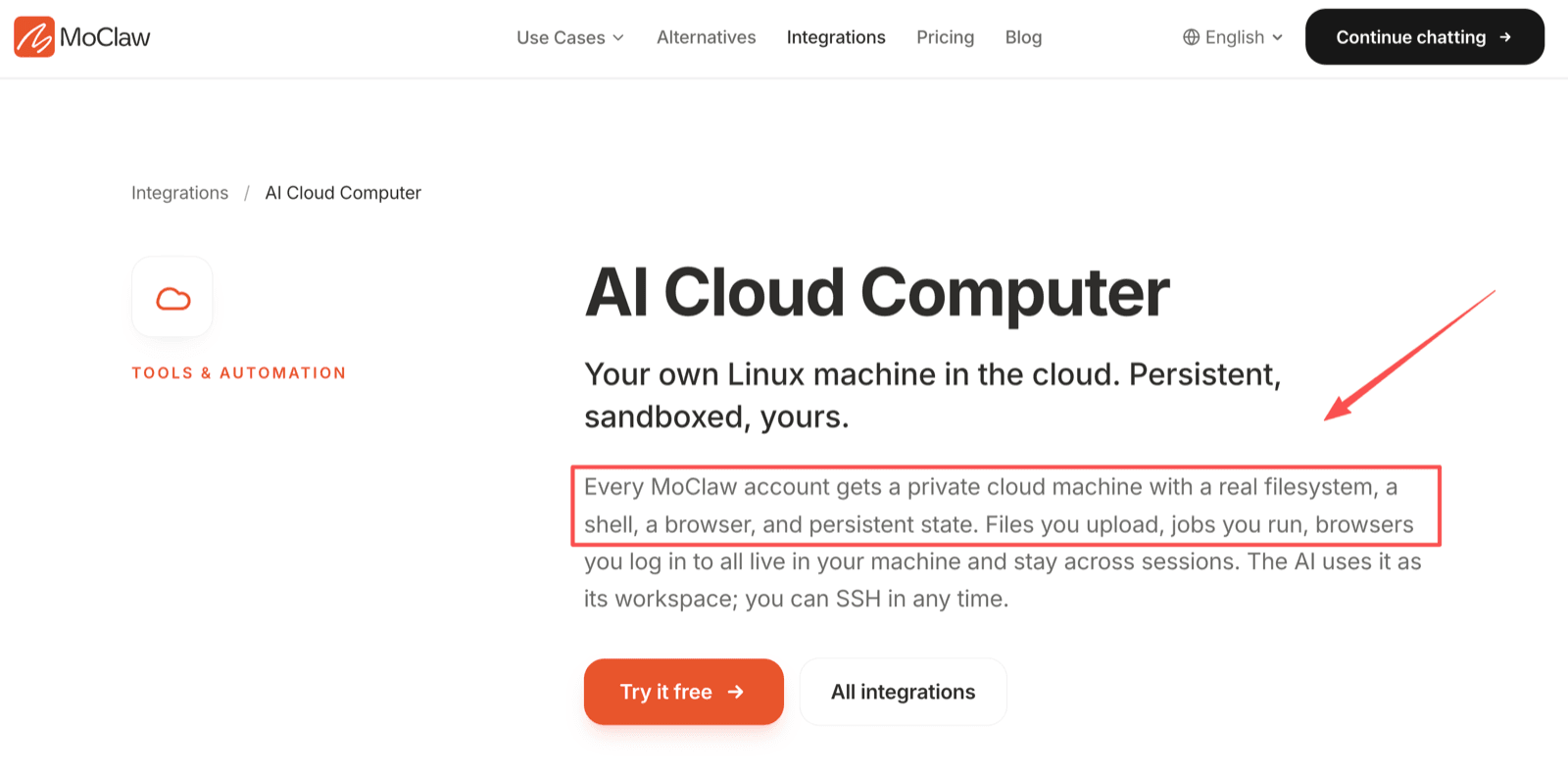 MoClaw's AI Cloud Computer page: every account gets a private cloud machine with a real filesystem, a shell, a browser, and persistent state across sessions
