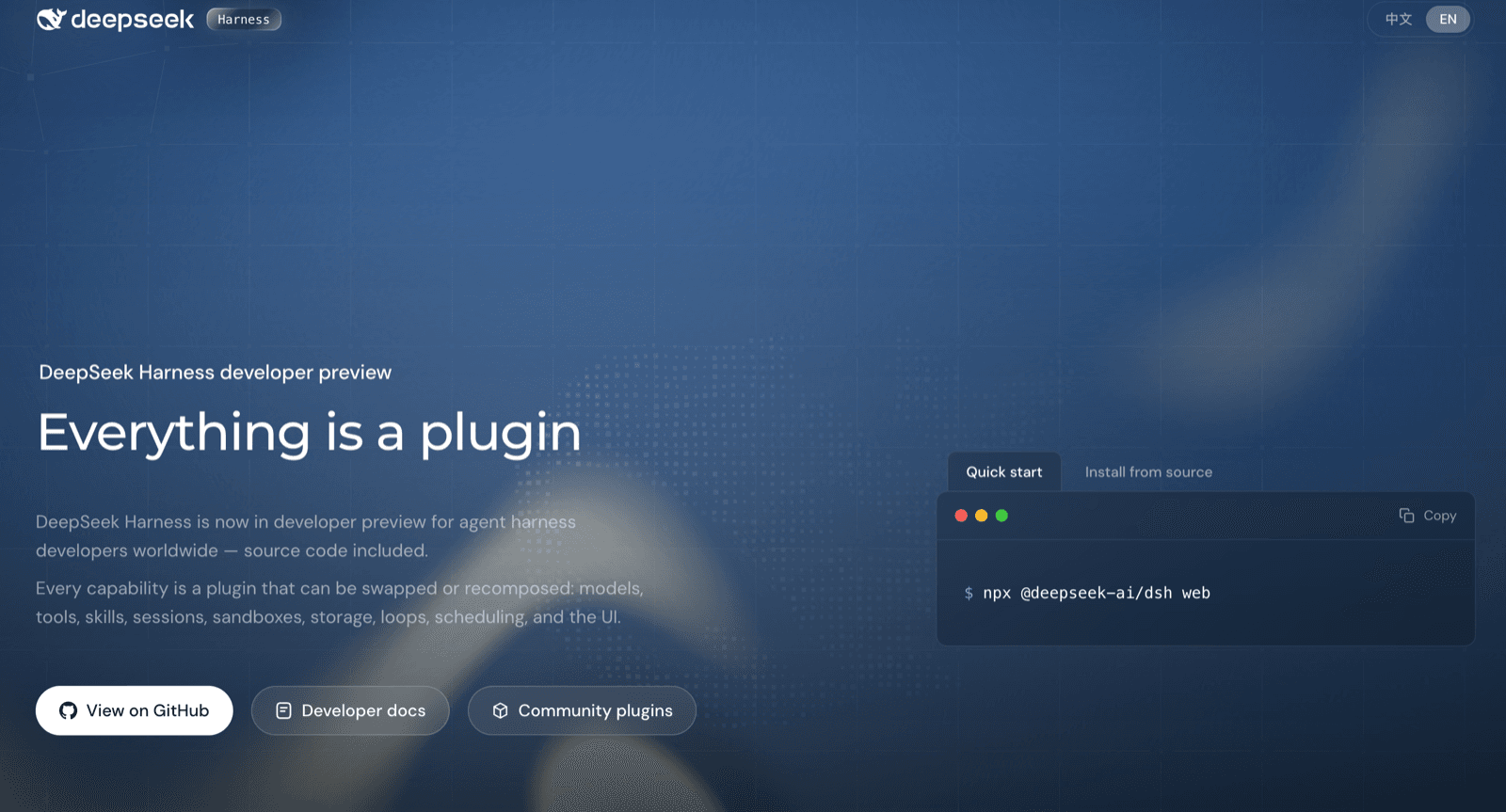 The DeepSeek Harness developer preview site headlined "Everything is a plugin", listing models, tools, skills, sessions, sandboxes, storage, loops, scheduling, and UI as swappable capabilities