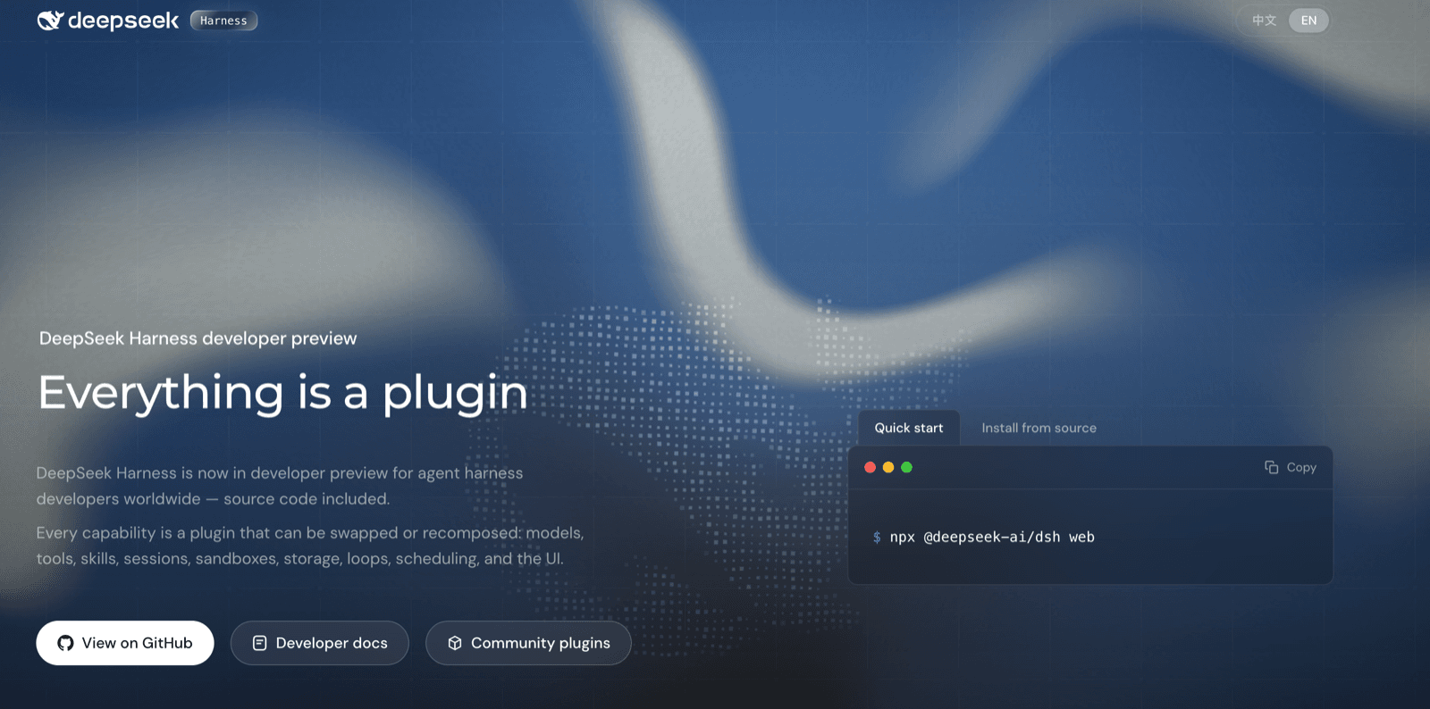 The DeepSeek Harness developer preview page headlined "Everything is a plugin", with a quick-start command and links to GitHub, developer docs, and community plugins