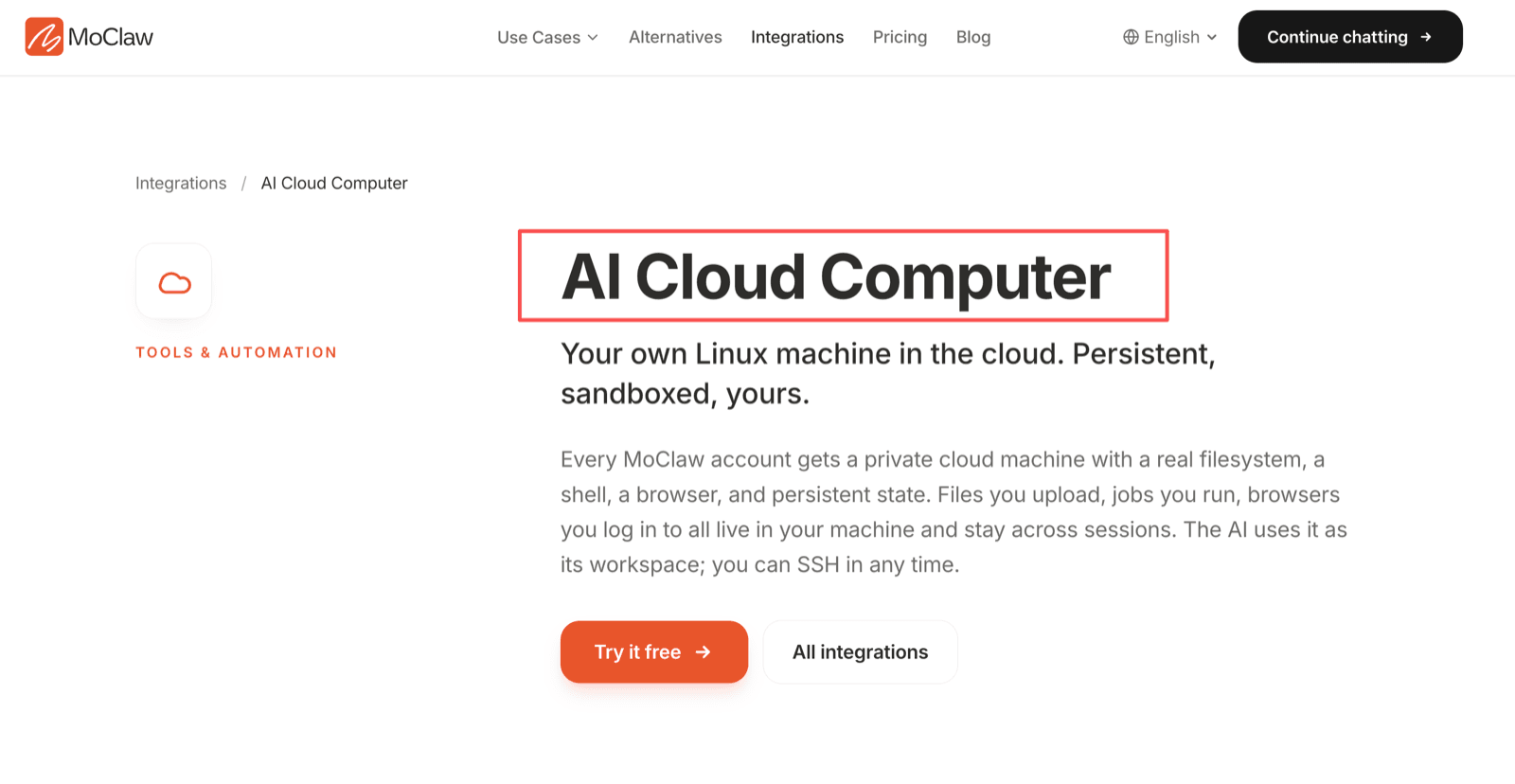 MoClaw's AI Cloud Computer page: a private Linux machine per account with a real filesystem, shell, browser, and persistent state