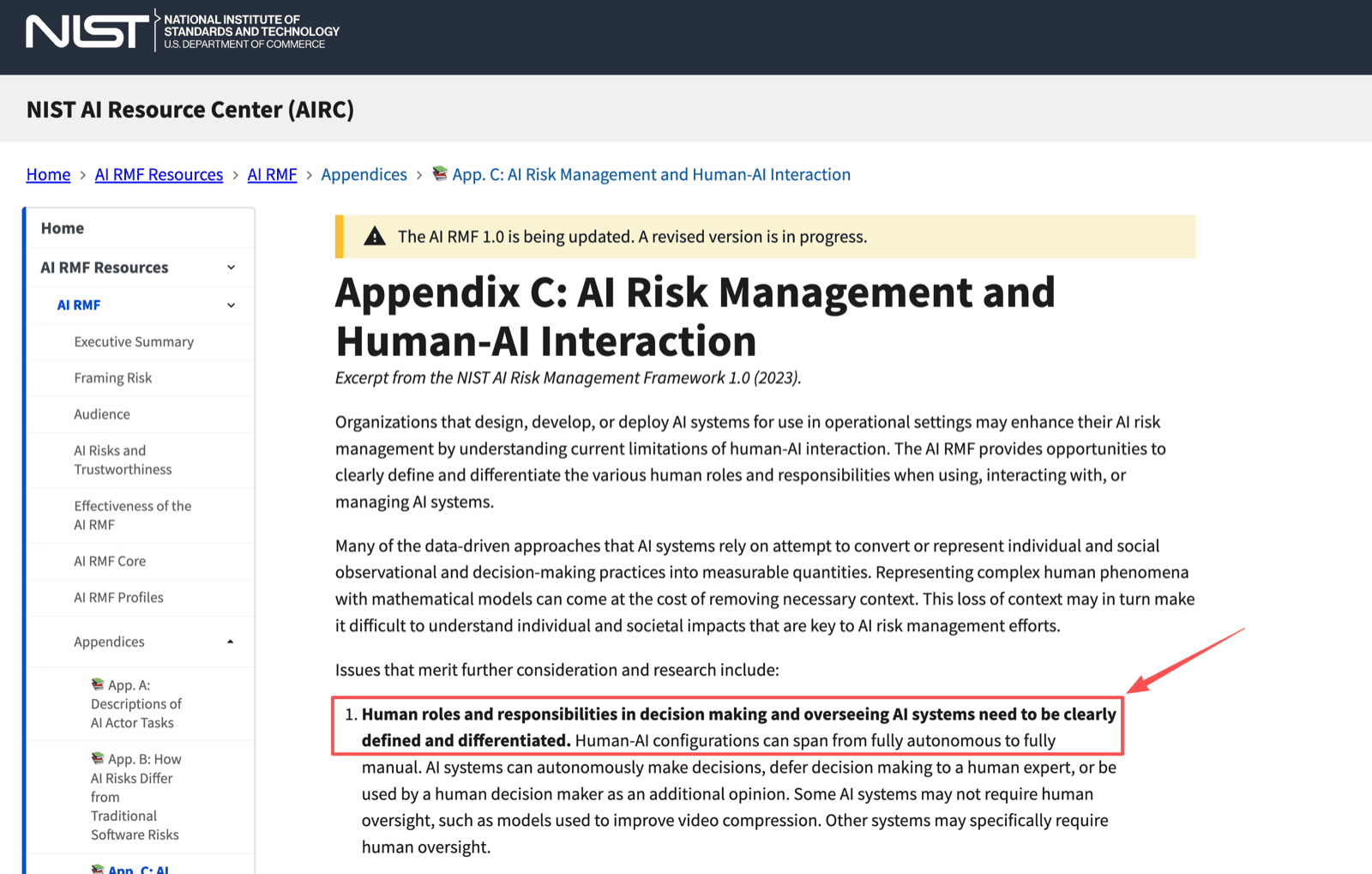 NIST AI Resource Center appendix on AI risk management and human-AI interaction, highlighting the requirement that decision and oversight roles be clearly defined and differentiated