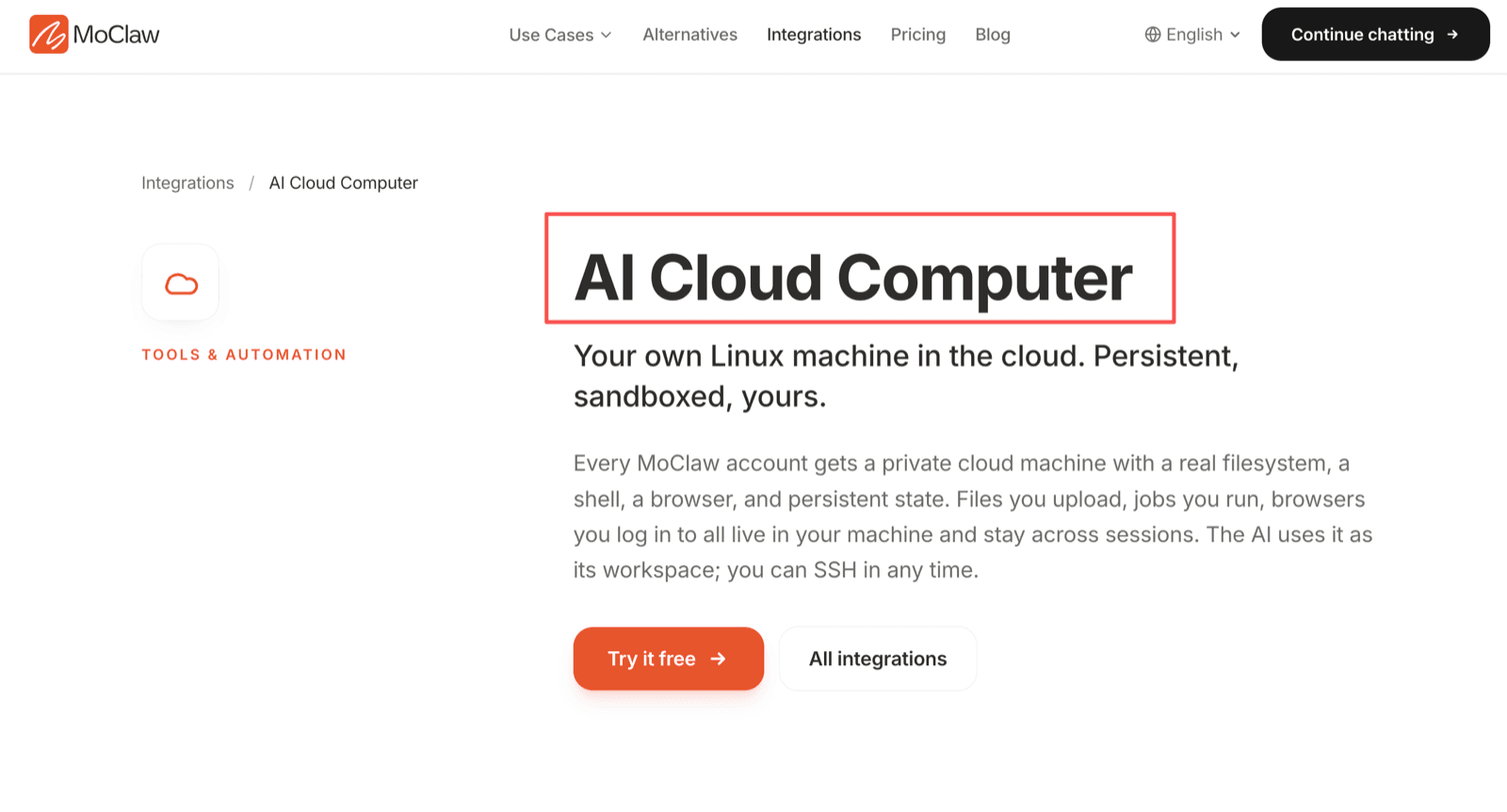 MoClaw's AI Cloud Computer page describing a private Linux machine with a real filesystem, shell, browser, and state that persists across sessions