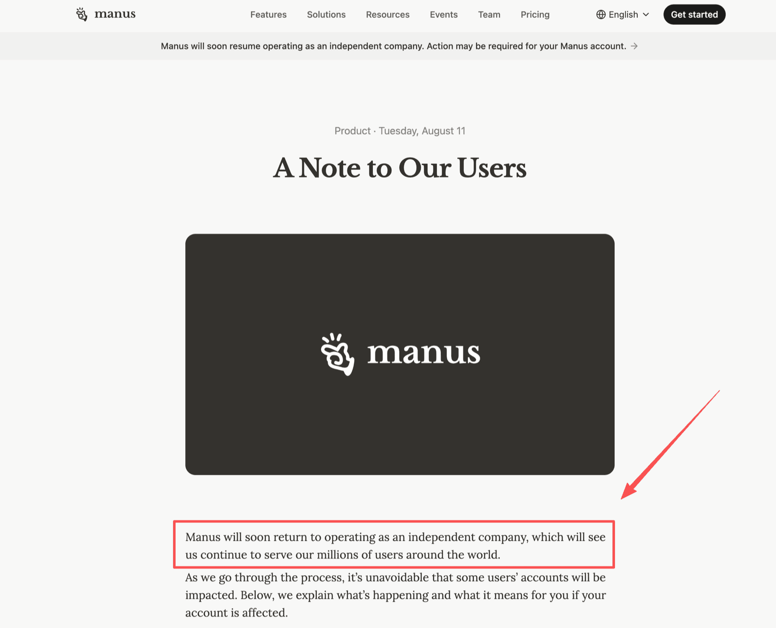 Manus's "A Note to Our Users" post stating that Manus will soon resume operating as an independent company serving millions of users worldwide