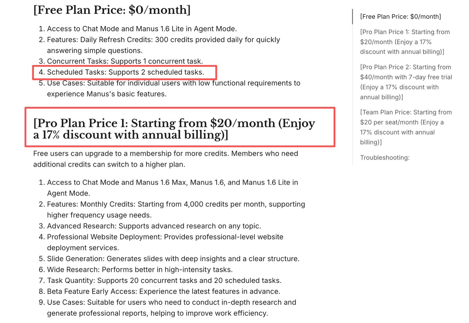 Manus membership pricing showing the Free plan with 300 daily credits and 2 scheduled tasks, and the Pro plan from $20 per month with 20 scheduled tasks and 4,000 starting monthly credits