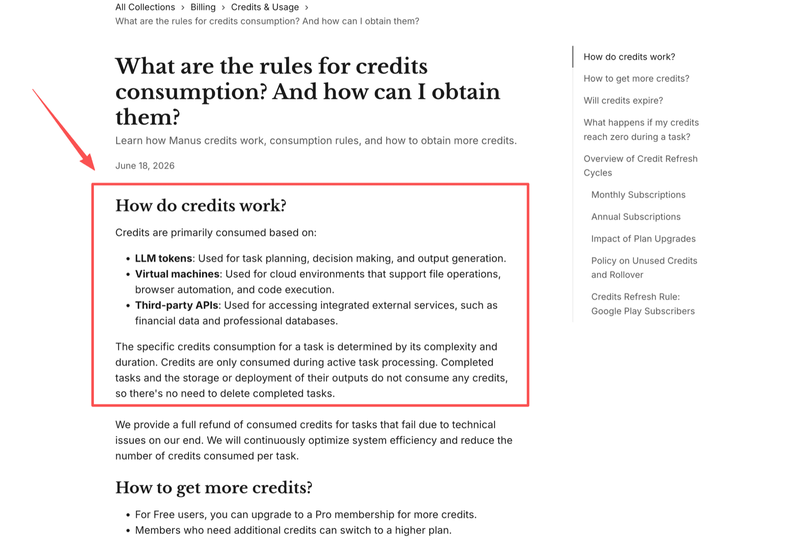 Manus help documentation explaining that credits are consumed based on LLM tokens, virtual machines, and third-party applications, and only during active task processing
