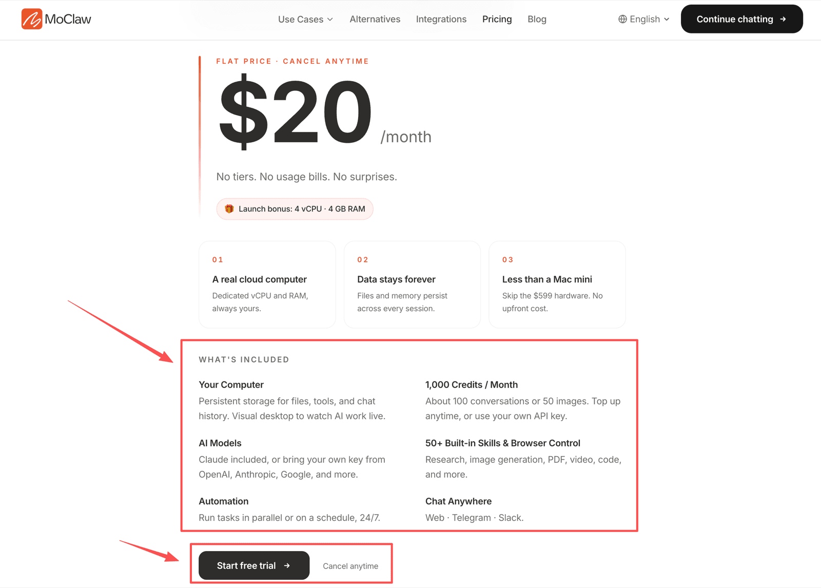 MoClaw's pricing page showing $20/month flat price with 1,000 credits per month, a persistent cloud computer, 50+ built-in skills and browser control, automation, and chat via Web, Telegram, and Slack