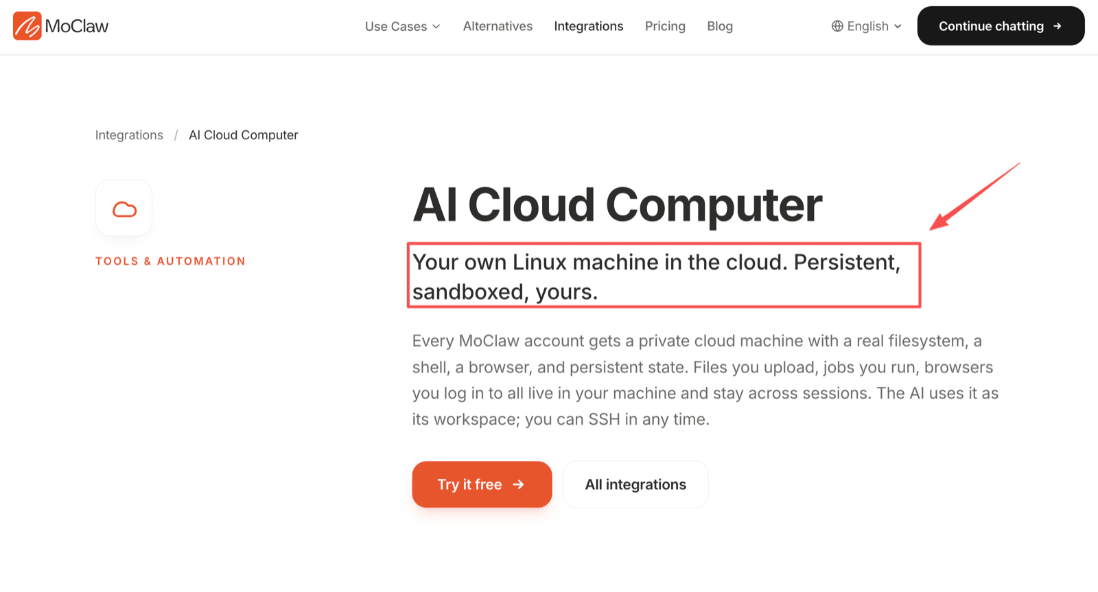 MoClaw's AI Cloud Computer page describing a private Linux machine per account, persistent and sandboxed, where files, jobs, and logged-in browsers stay across sessions
