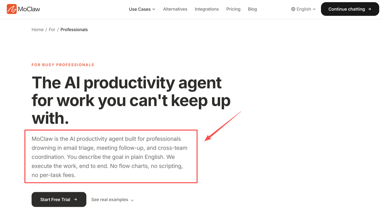 MoClaw's page for professionals, positioning it as an AI productivity agent for people buried in email triage, meeting follow-ups, and cross-team coordination
