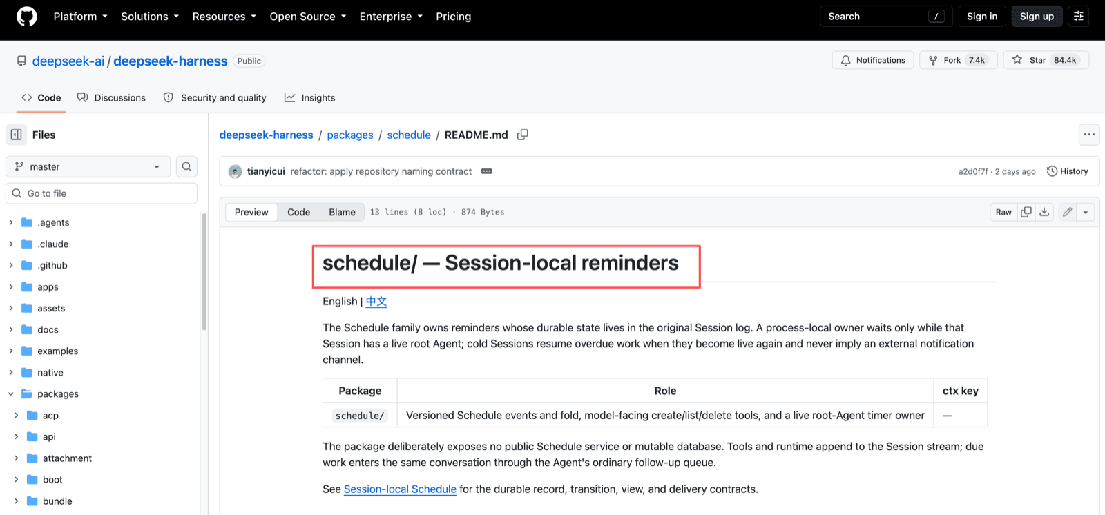 The DeepSeek Harness schedule package README describing session-local reminders whose durable state lives in the original session log, with a live root-Agent timer owner