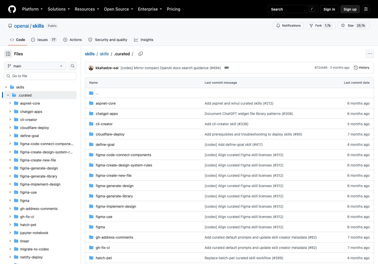 The .curated directory still lists all 39 skills. Most last changed six or seven months ago; the newest commits are four months old.