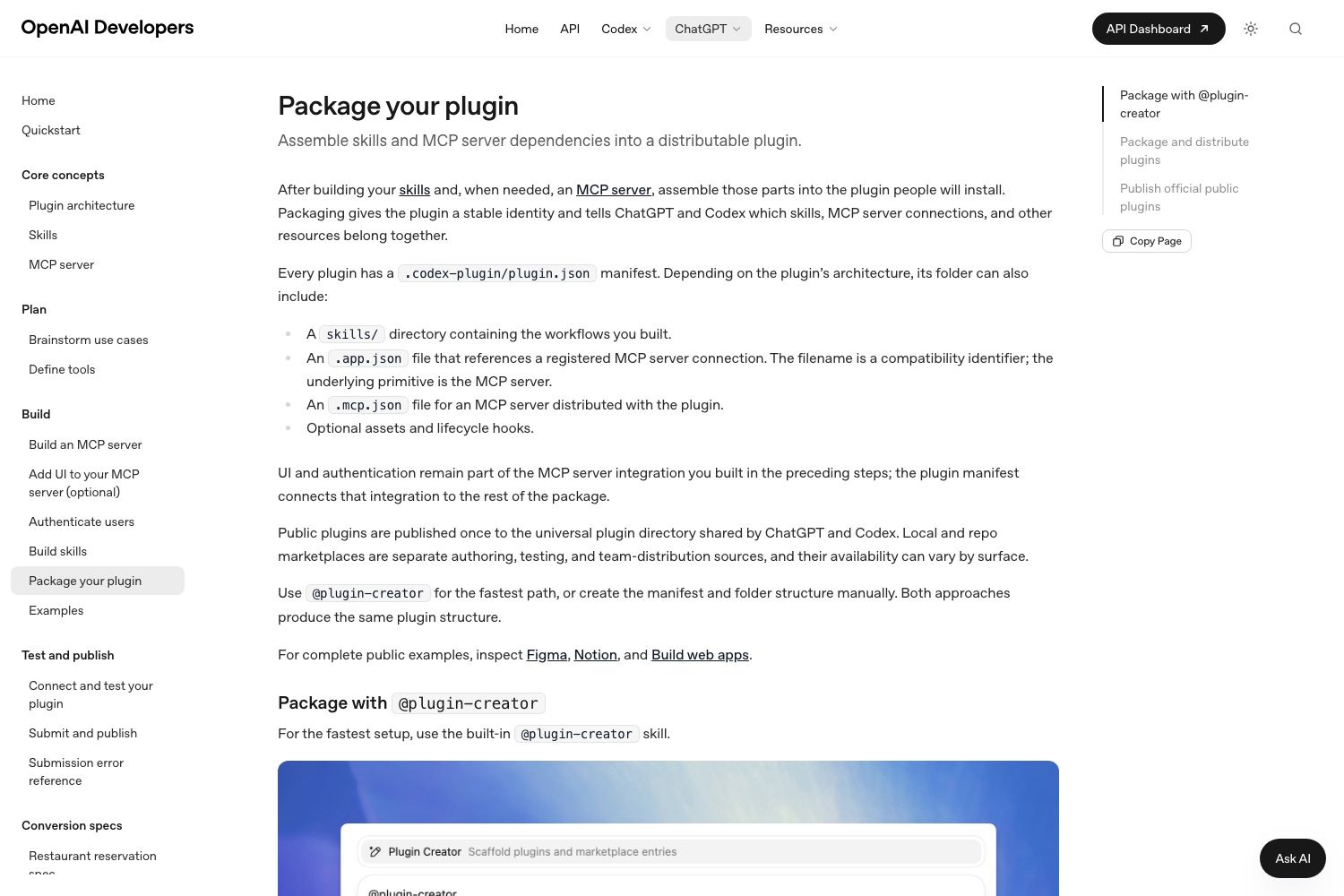 OpenAI's plugin packaging guide. The skills/ directory is now one entry in a manifest that also covers MCP connections, hooks and assets.