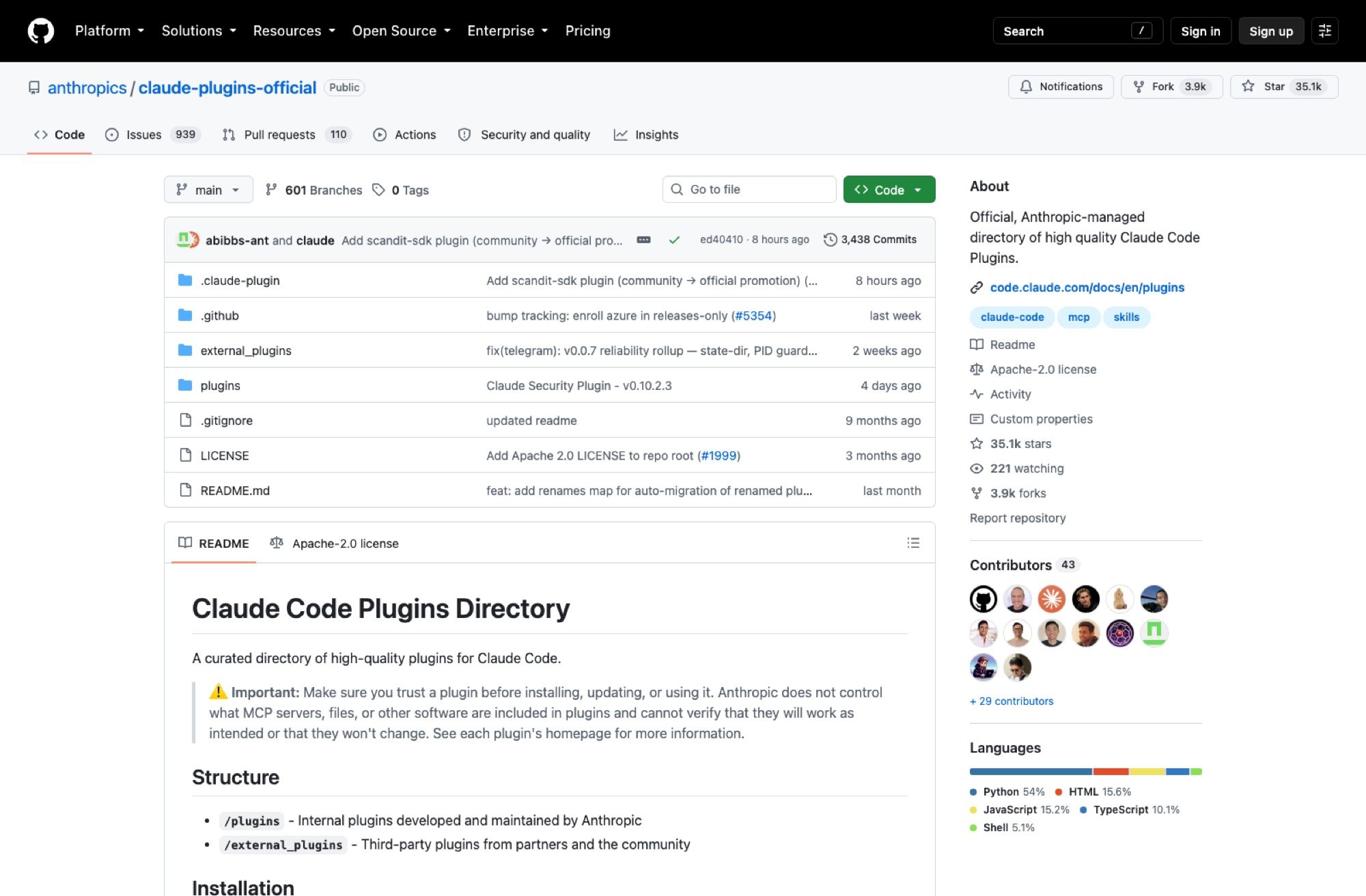 The anthropics/claude-plugins-official repository, with the trust warning sitting directly under the one-line description