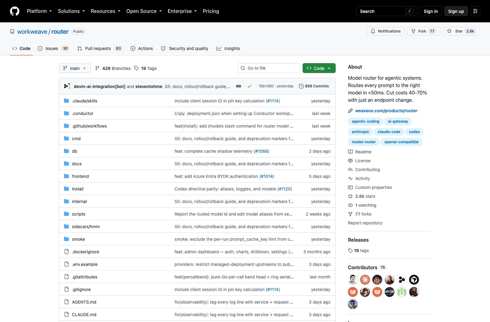 The Workweave Router repository on GitHub, showing the Elastic License 2.0 badge alongside the Go and managed-deployment badges