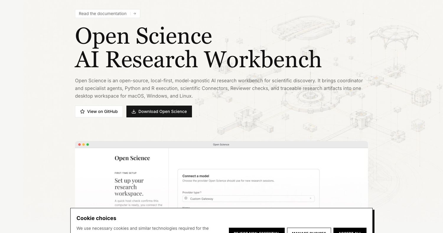 The Open Science landing page. The pitch is four words wide: open source, model-agnostic, self-hosted, Apache 2.0.