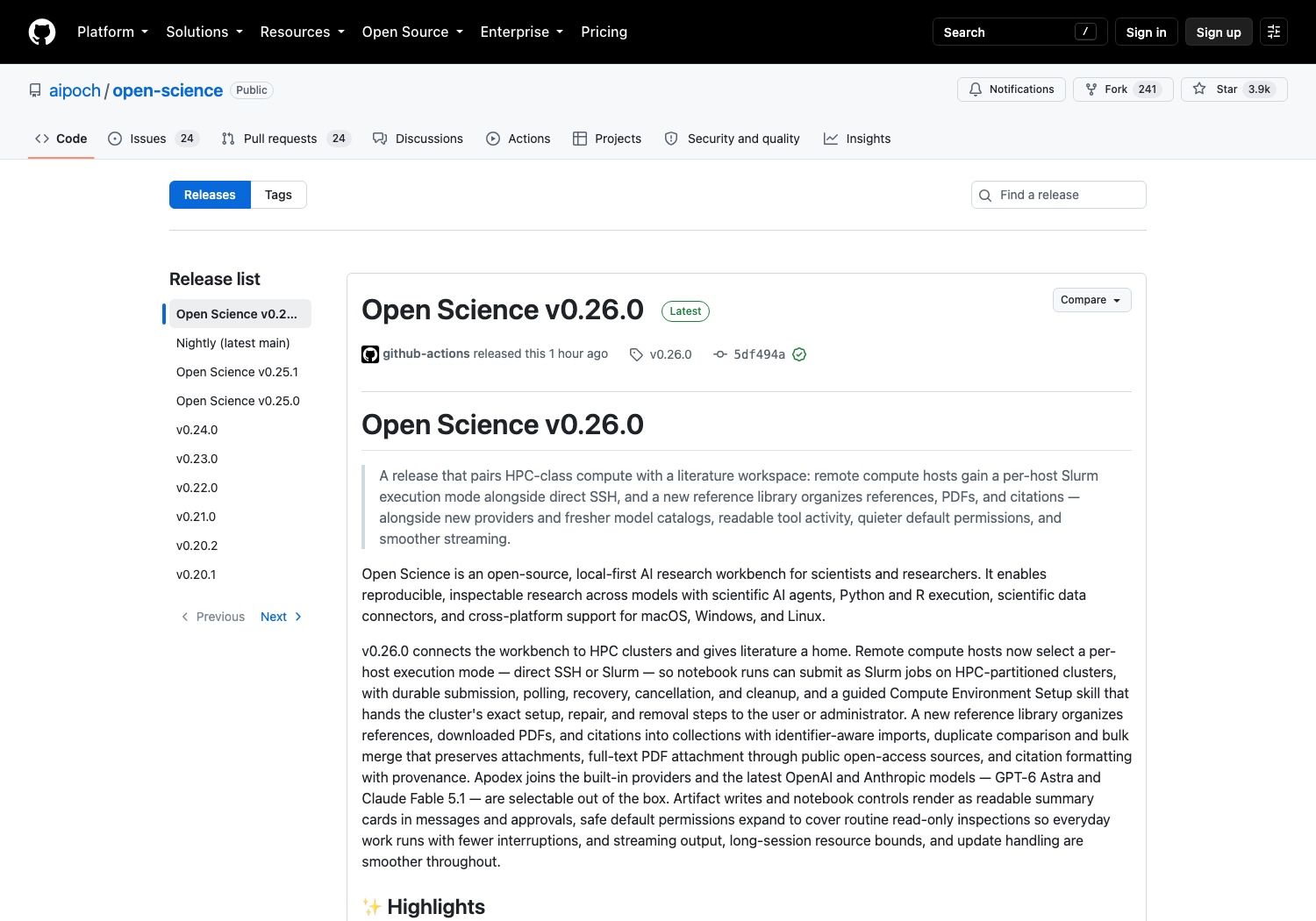 Four tagged releases in eight days, with v0.26.0 published the morning this was written. The release notes read like a changelog, not an announcement.