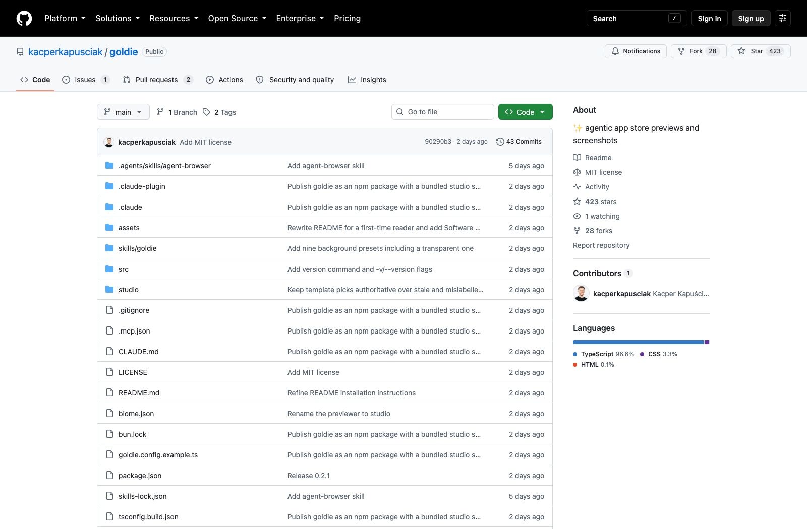The goldie repository on GitHub, showing the MIT licence, TypeScript language breakdown and the star count in its first week