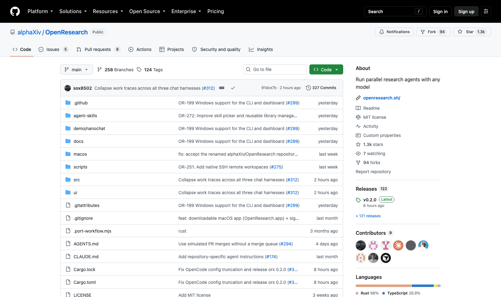 The OpenResearch repository on GitHub, showing the Rust codebase, the MIT licence and the v0.2.0 release