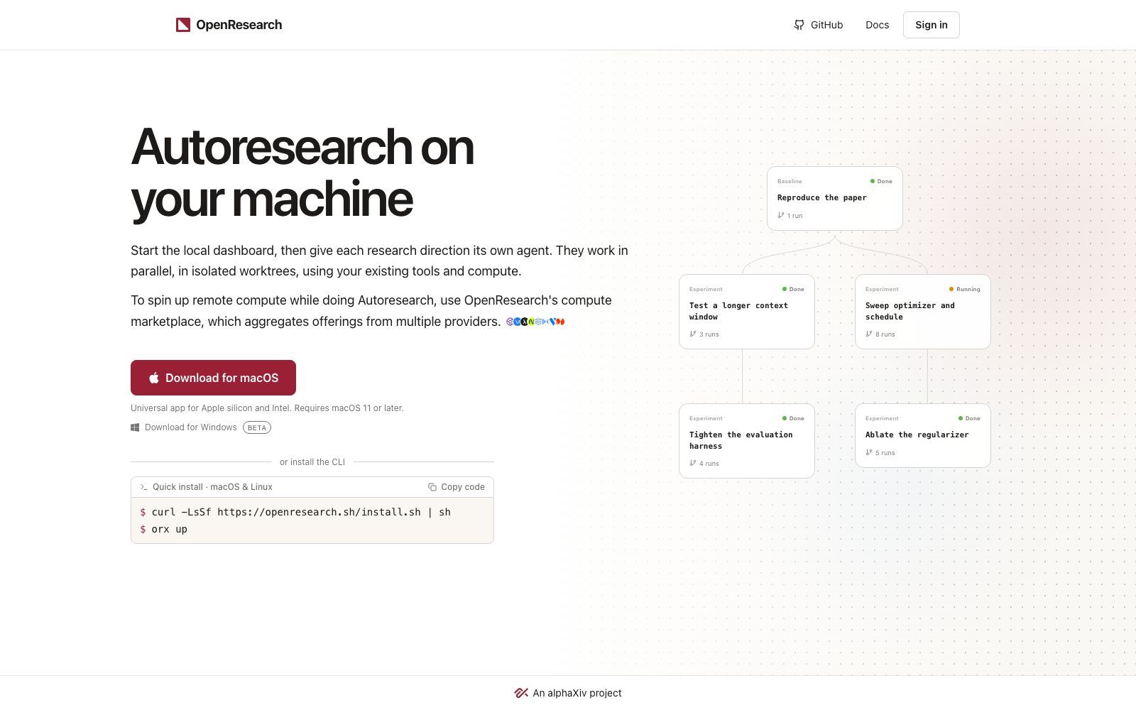The alphaXiv OpenResearch site, showing the experiment tree with parallel runs, the macOS download, the Windows beta and the two-line CLI install