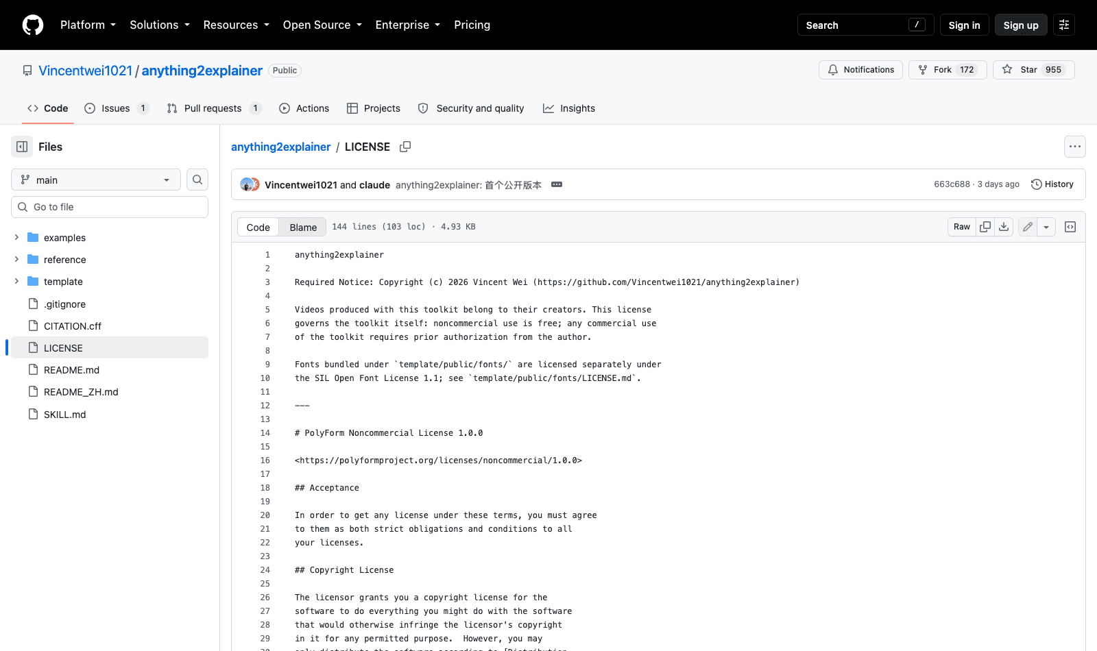 The LICENSE file in the anything2explainer repository, whose required notice sits above the PolyForm Noncommercial text