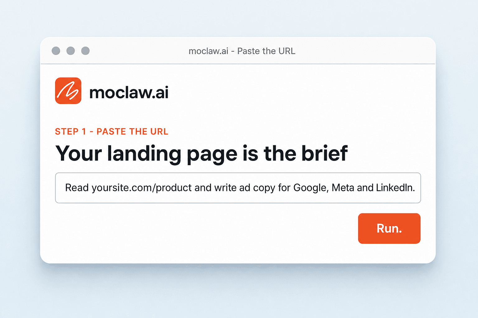 MoClaw upload screen with a landing page URL typed into the prompt box, ready to run