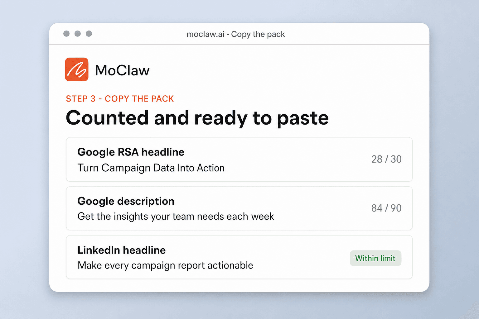 Result screen showing Google, Meta, and LinkedIn ad lines with their character counts inside the limits