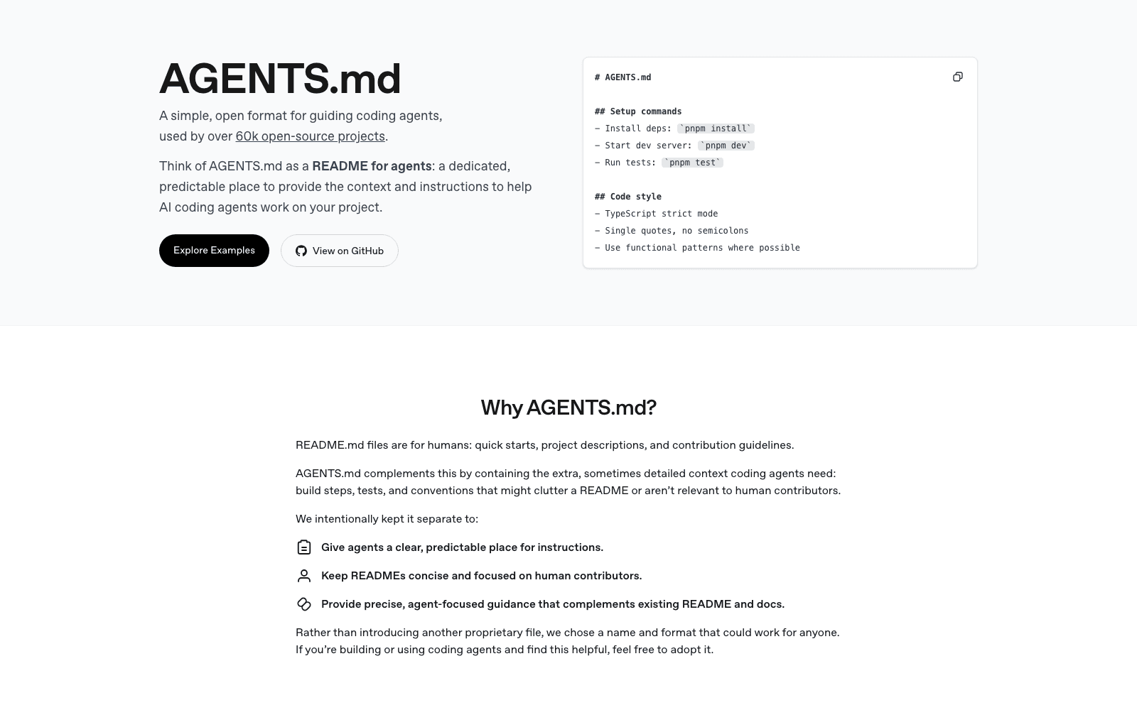 AGENTS.md describes itself as an open format used by over 60,000 open-source projects, which is the scale argument the thread kept returning to.