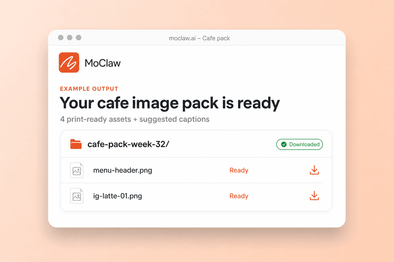 Delivered cafe image pack with menu header and Instagram files ready to download