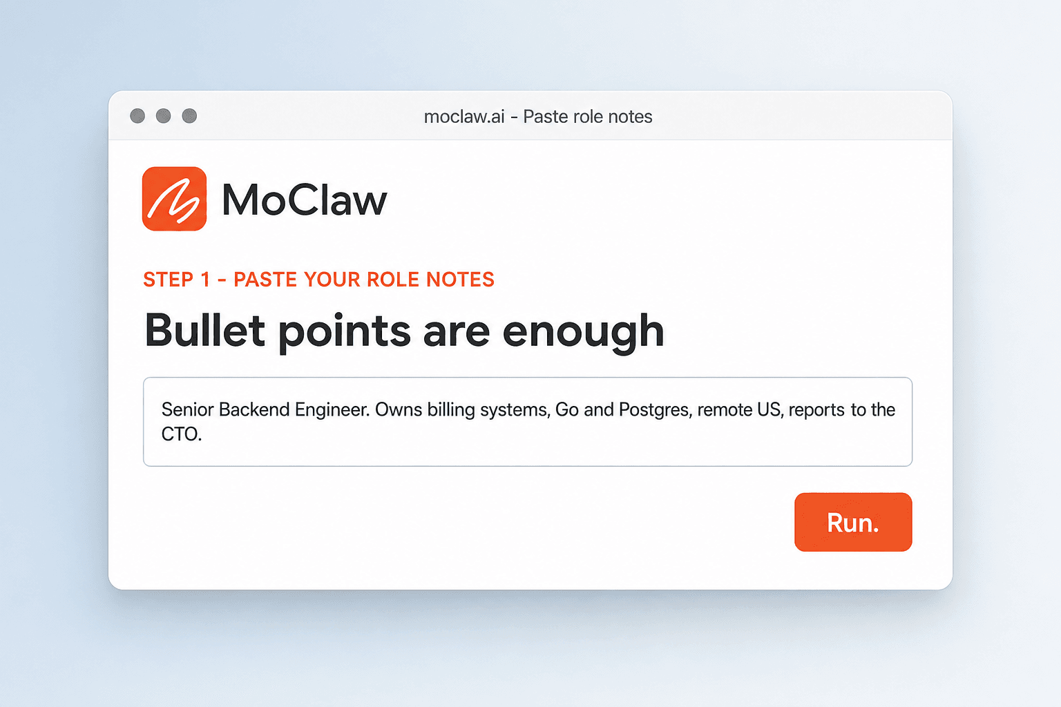 MoClaw screen with a few lines of hiring manager notes typed into the prompt box