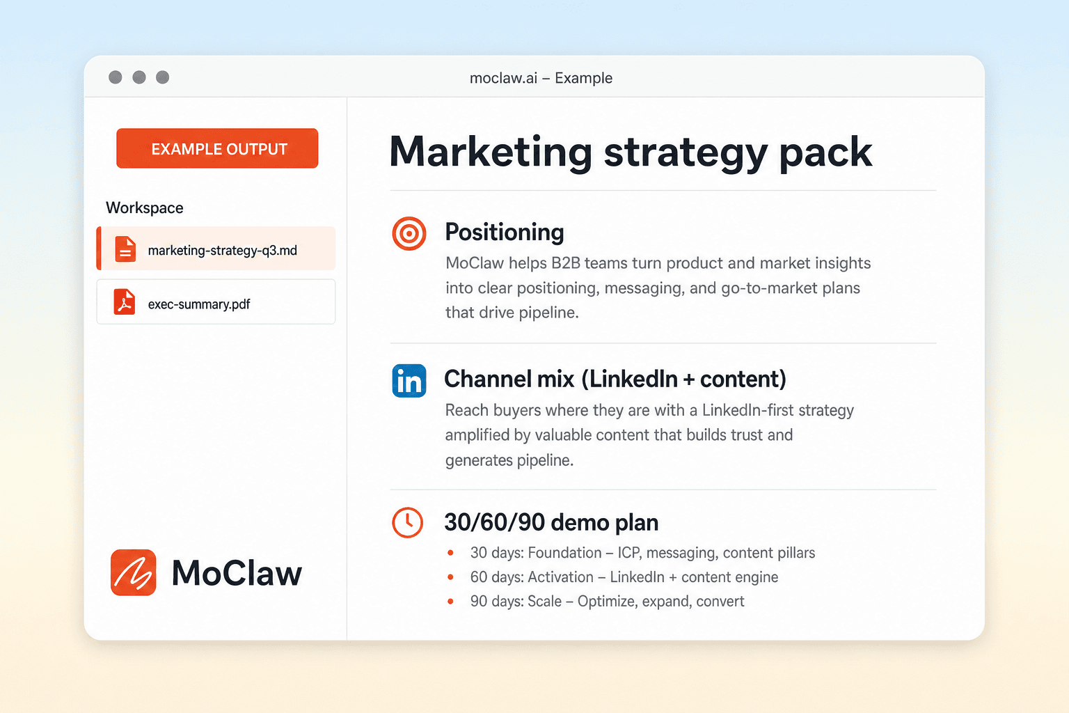 Example marketing strategy output with positioning, channels, and 30/60/90 plan