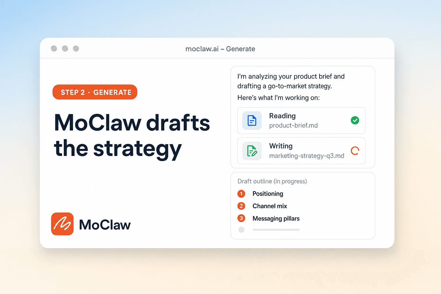 Step 2: MoClaw drafting a structured marketing strategy document