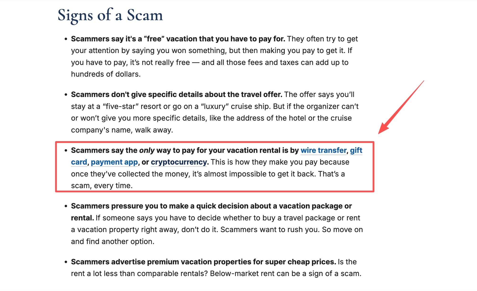 FTC guidance listing signs of a travel scam, including sellers who only accept wire transfer, gift card, payment app, or cryptocurrency
