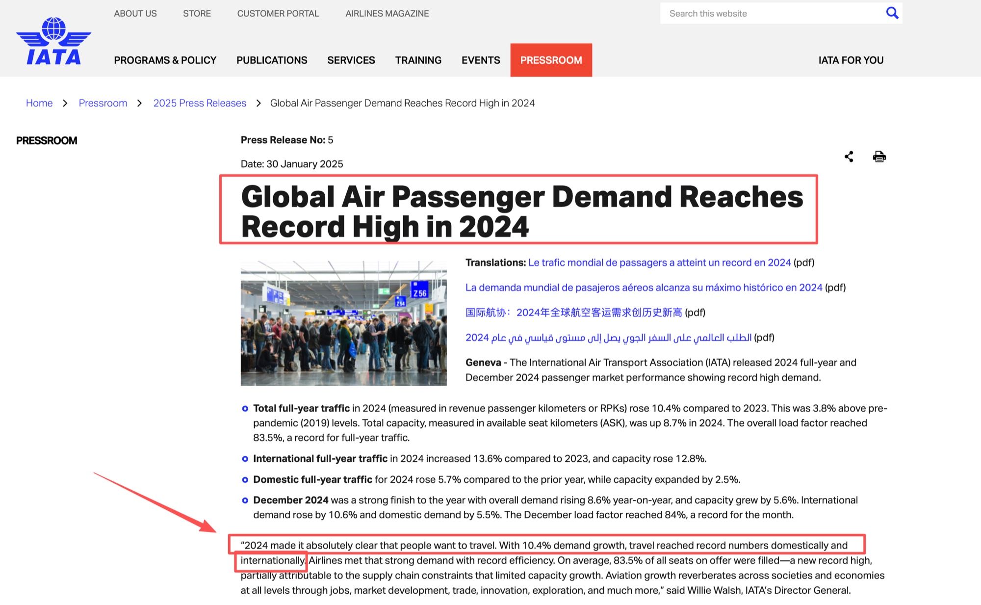 IATA press release reporting 10.4% full-year 2024 passenger demand growth, the data point behind AI optimization travel planning