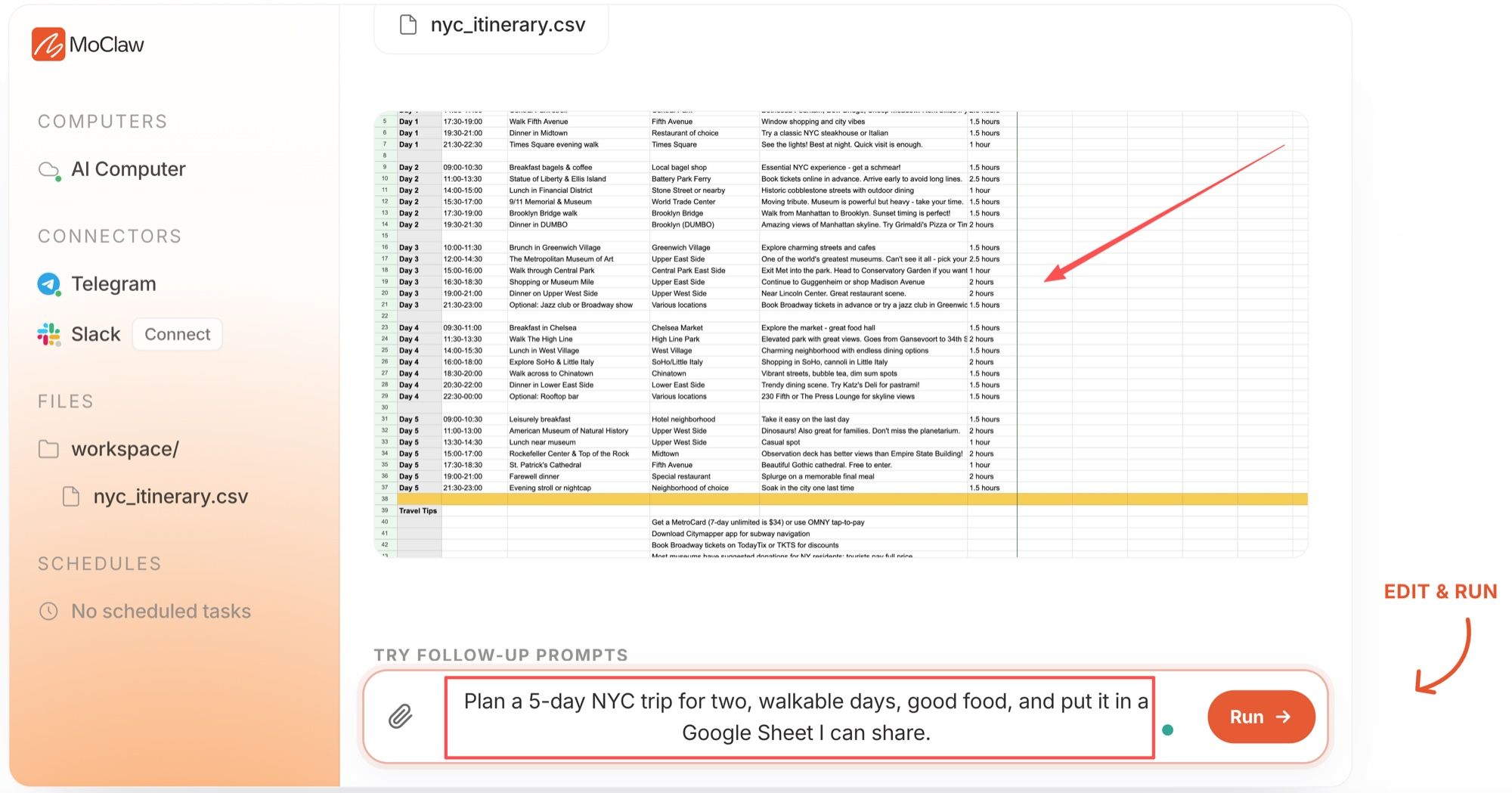 MoClaw building a multi-day NYC itinerary spreadsheet from a single trip-planning prompt
