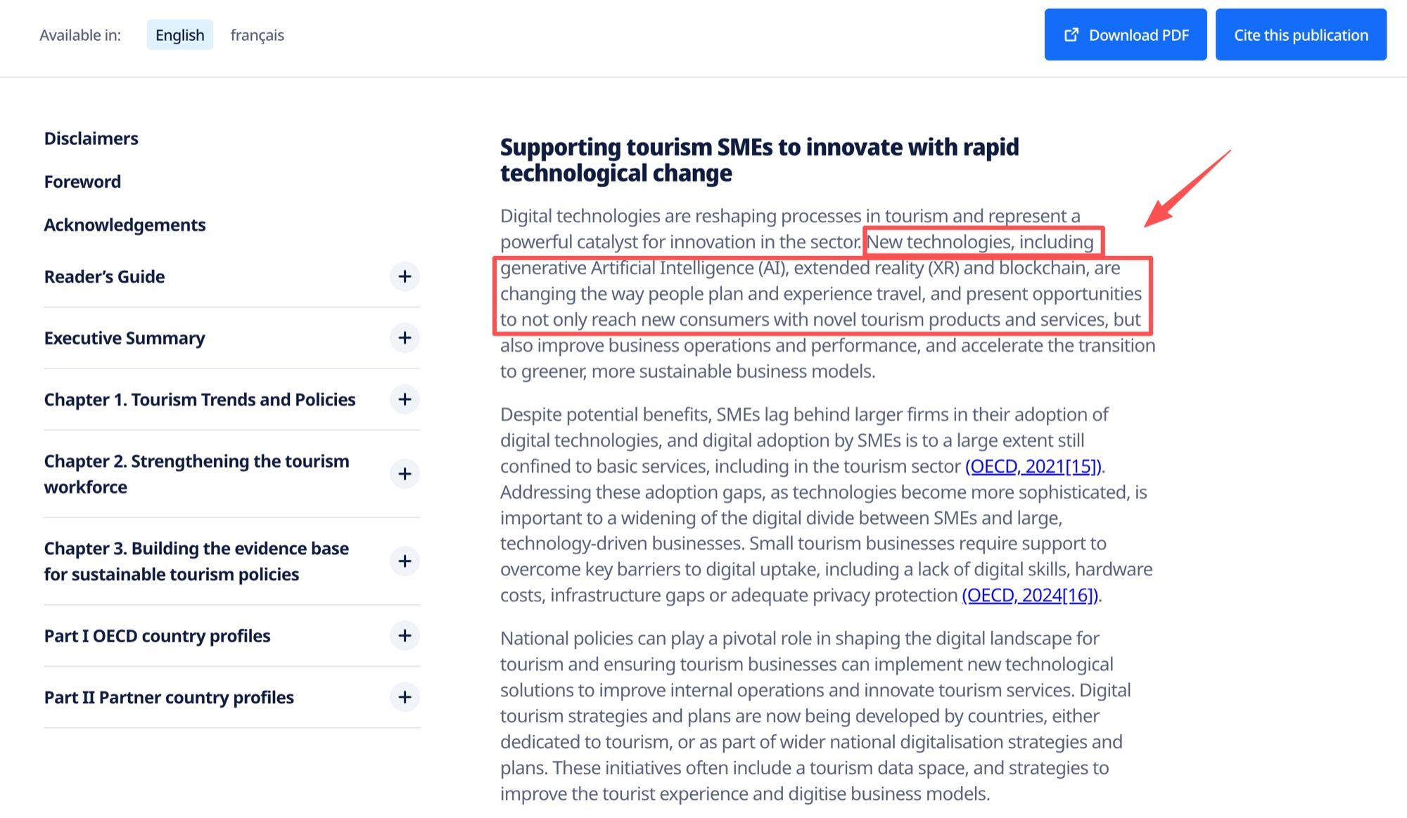 OECD Tourism Trends and Policies 2024 stating that generative AI is changing the way people plan and experience travel