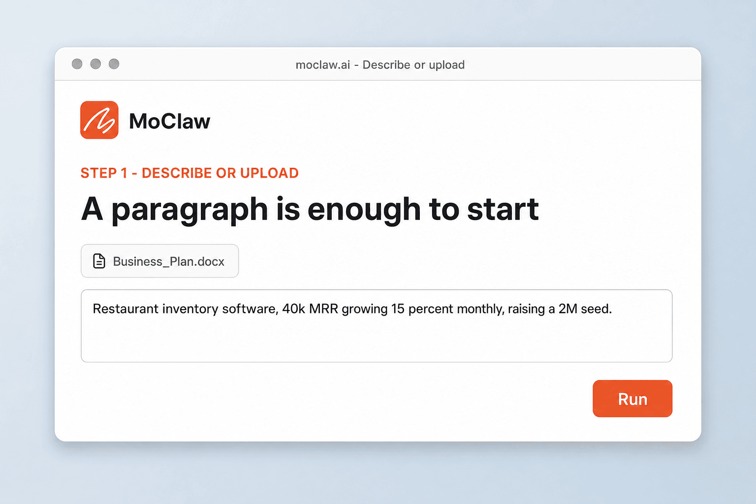 MoClaw screen with a business plan file attached and a one-paragraph company description typed in
