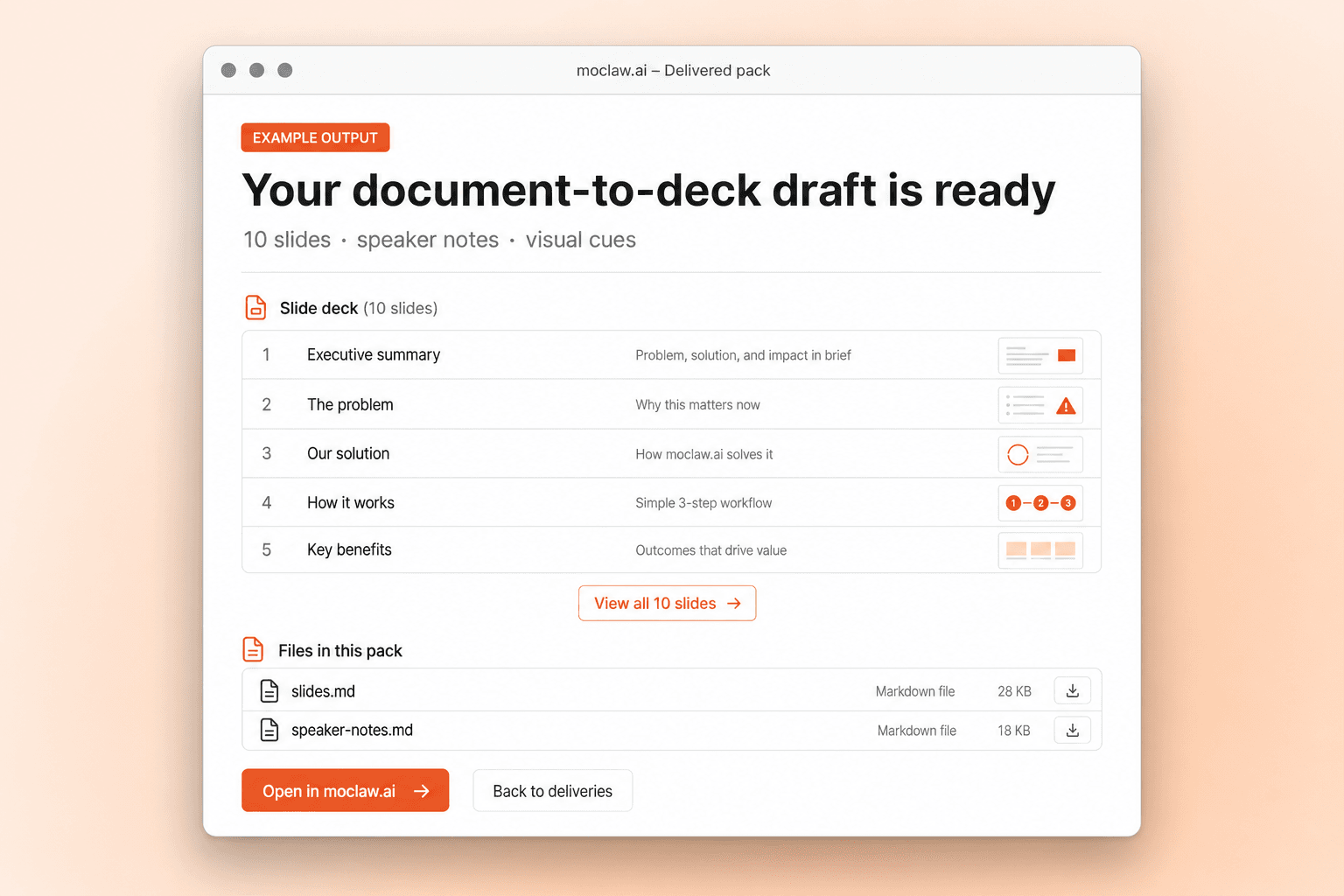Delivered document-to-deck pack with slides.md and speaker notes