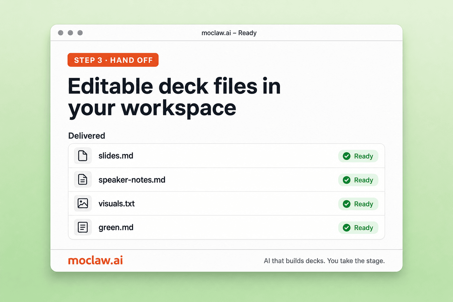 Step 3: delivered slides.md and speaker notes in the workspace