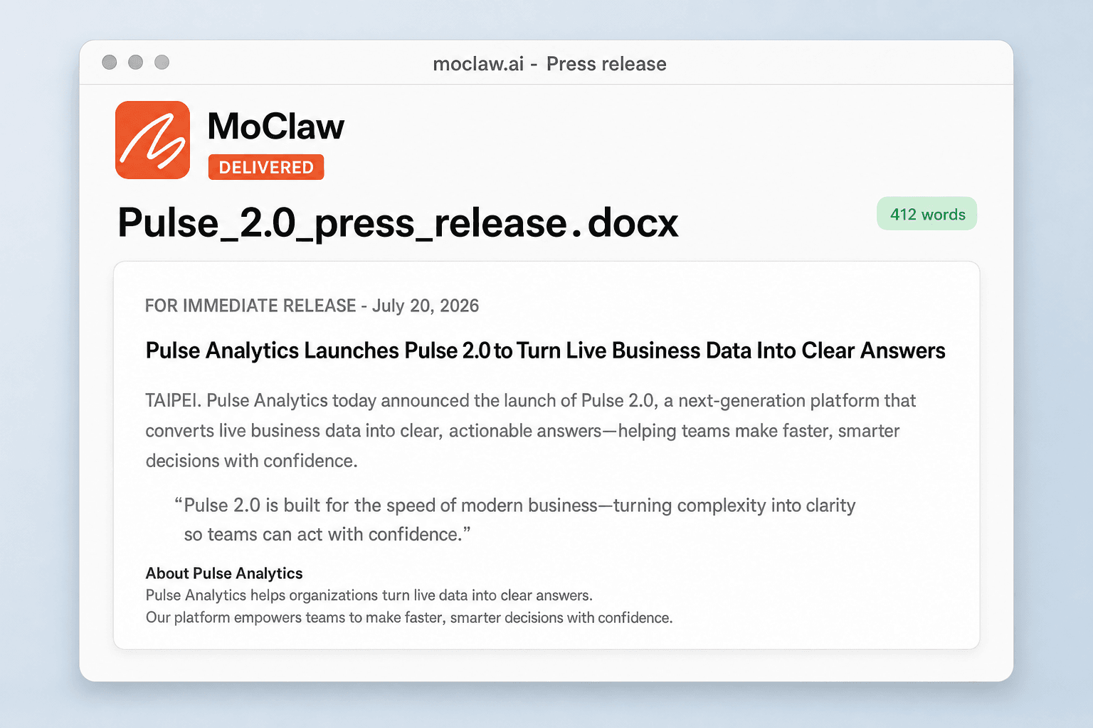 A website page on the left feeding a structured one-page release document on the right, with the quote and boilerplate blocks highlighted