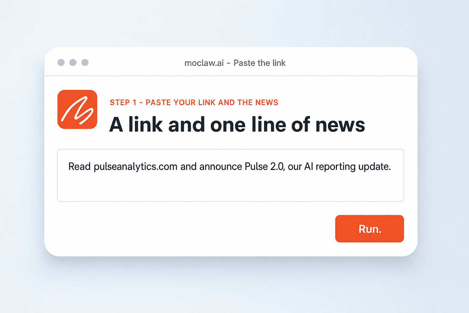 MoClaw screen with a company website link and one line of news typed into the prompt box