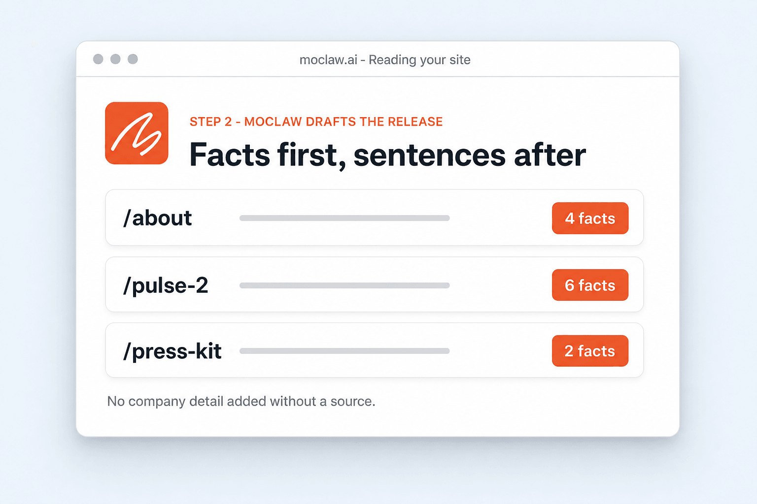 Three pages of the company site listed with the number of facts extracted from each