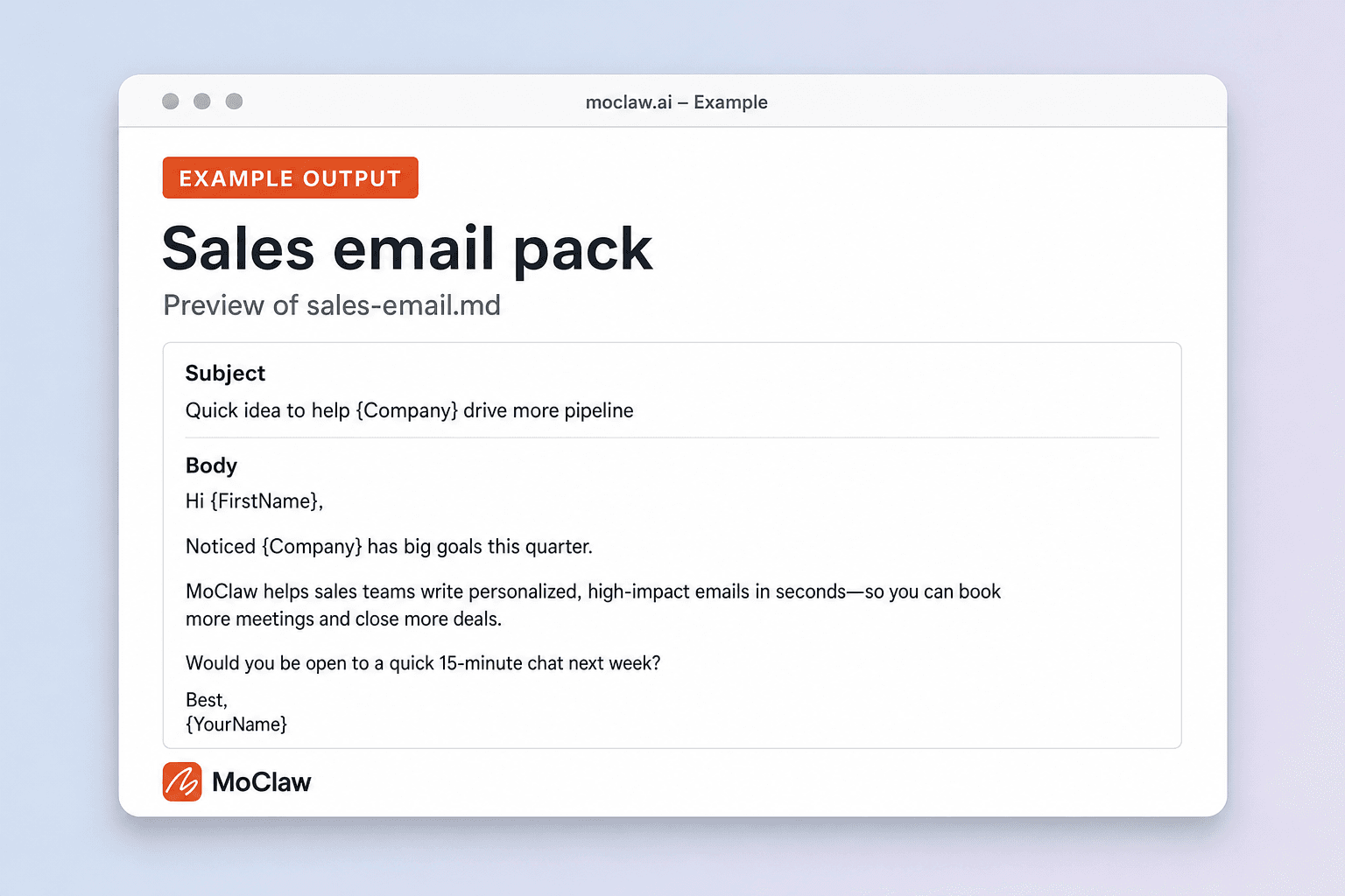 Example sales email output with subject hook and ask