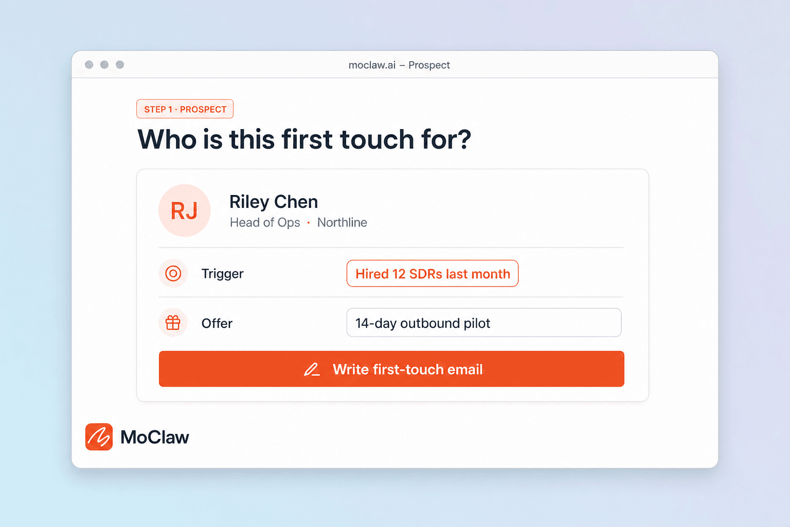 Step 1: prospect card with trigger and offer for first-touch email